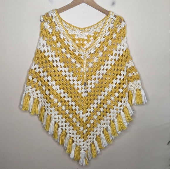Handmade Yellow & White Crochet Poncho with Fringe - Picture 1 of 5
